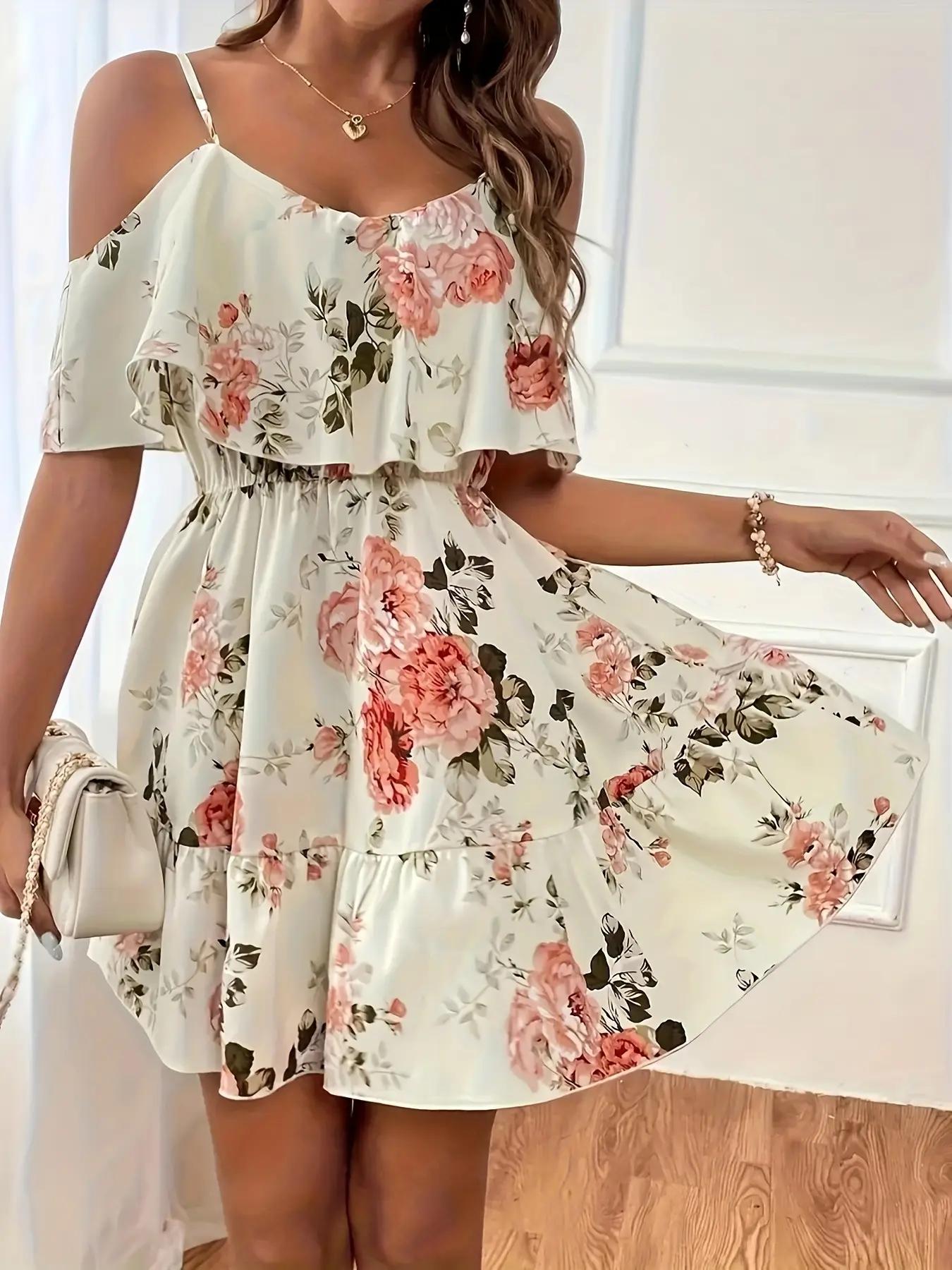 Women's Ditsy Floral Print Ruffle Trim A-Line Dress, Chic Casual Bohemian Short Dress with Butterfly Sleeves and Adjustable Straps for Daily and Vacation Wear, Ladies Summer Dress