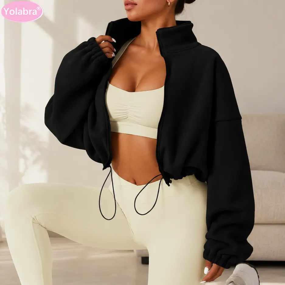 Yolabra Full Zip Lamb Fleece Short Jacket Stand Collar Long Sleeve Warm Winter Women Fashion Outerwear Soft Plush Fabric Daily Casual Wear Thermal Cold Resistant Outfit