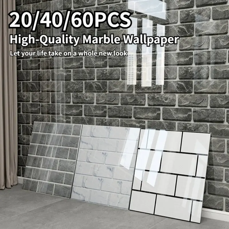 20/40/60pcs Self-Adhesive Waterproof Tile Stickers Suitable for Kitchen, Bathroom, Removable Peel and Stick PVC Backsplash with Marble/Black Brick, Heat-Resistant Suitable for Home Renovation, Easy Clean Suitable for Rental Properties