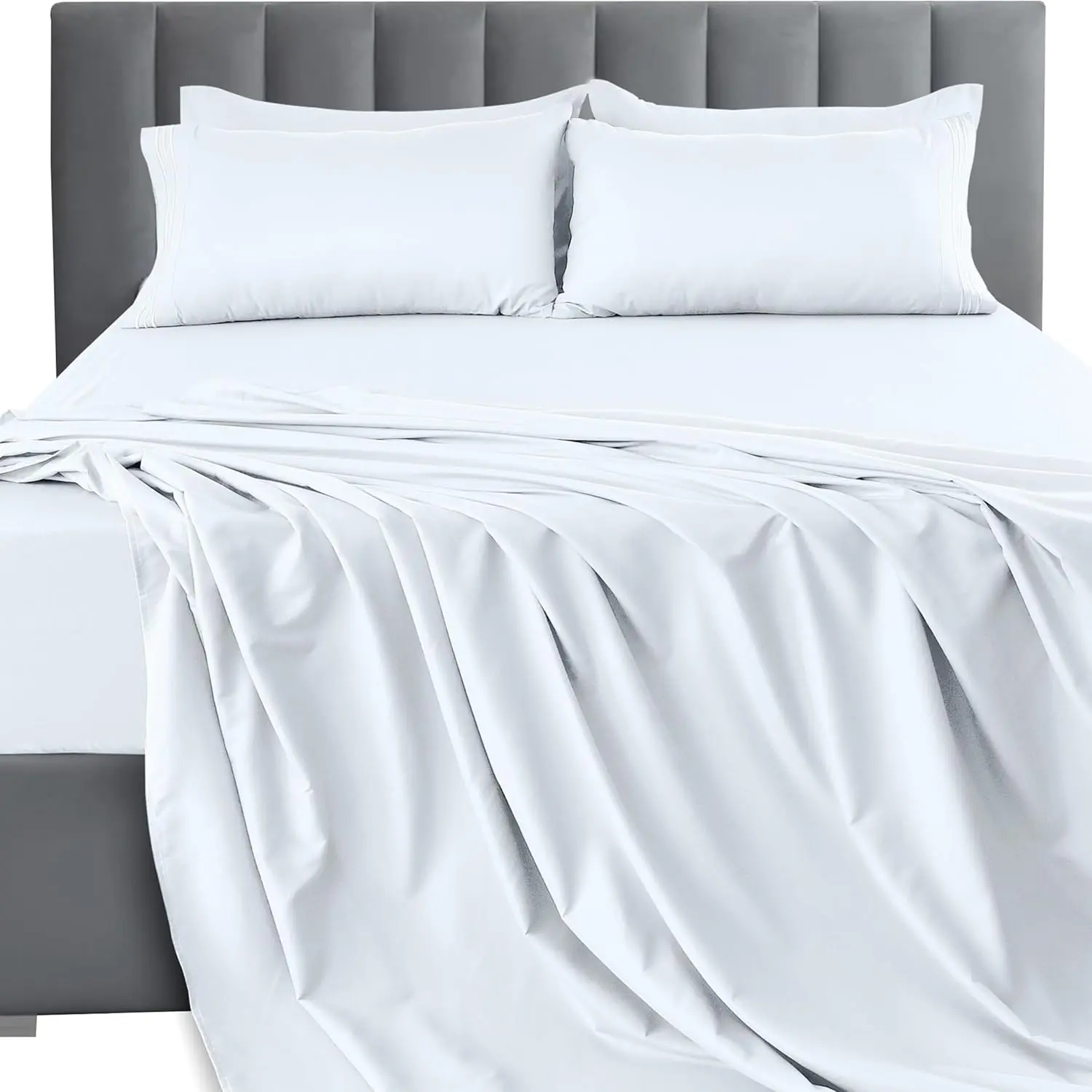 LUX  Queen Sheet Set - 4 Piece-Soft Microfiber Bed Sheets with Flat Sheet, 16 Inches Deep Fitted Sheet & 2 Pillowcases, Cooling & Breathable, Hotel Luxury, Oeko-TEX - White