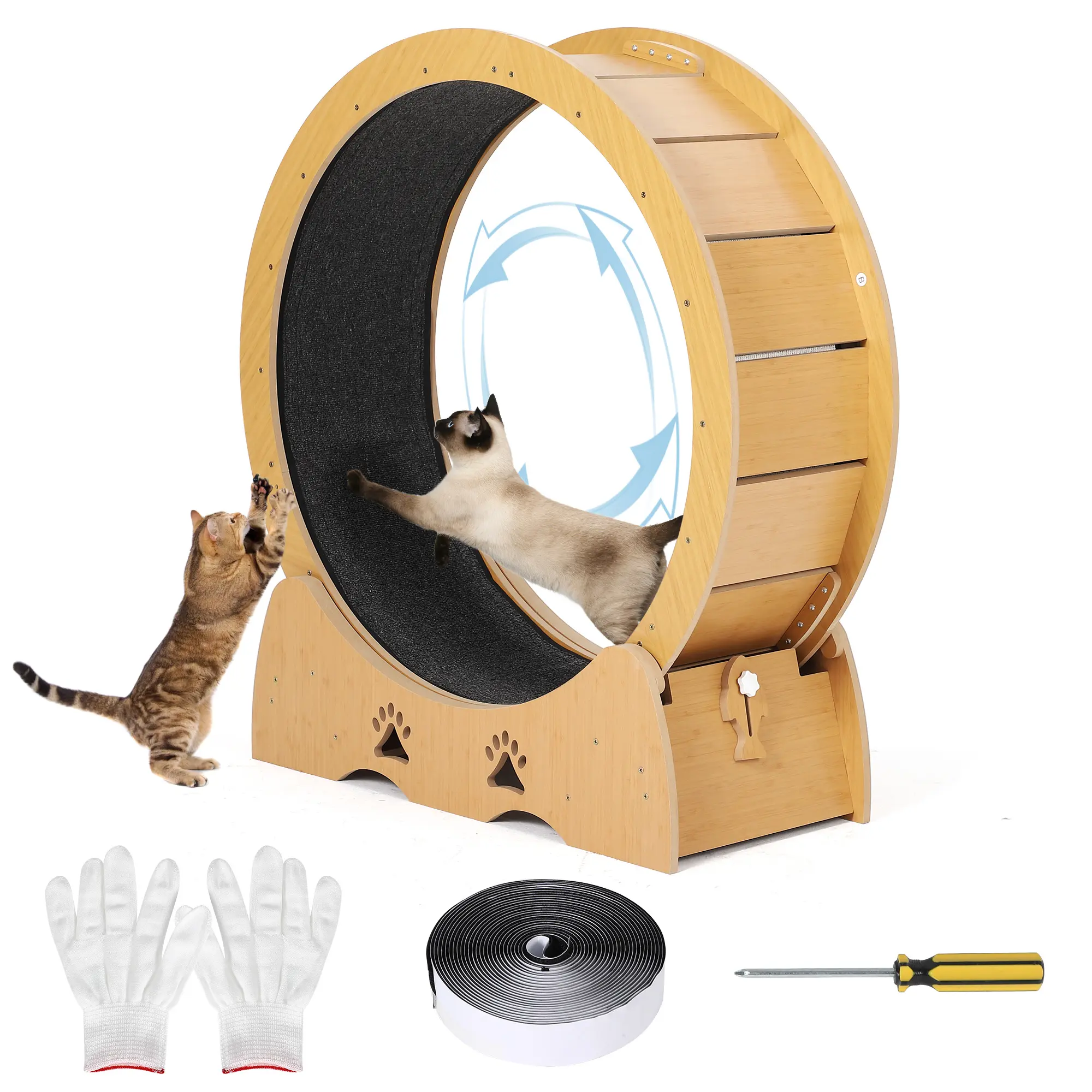 43.3" Cat Exercise Treadmill, Wooden Cat Wheel with Carpeted Runway & Low Noise Removable Carpet for Indoor Training
