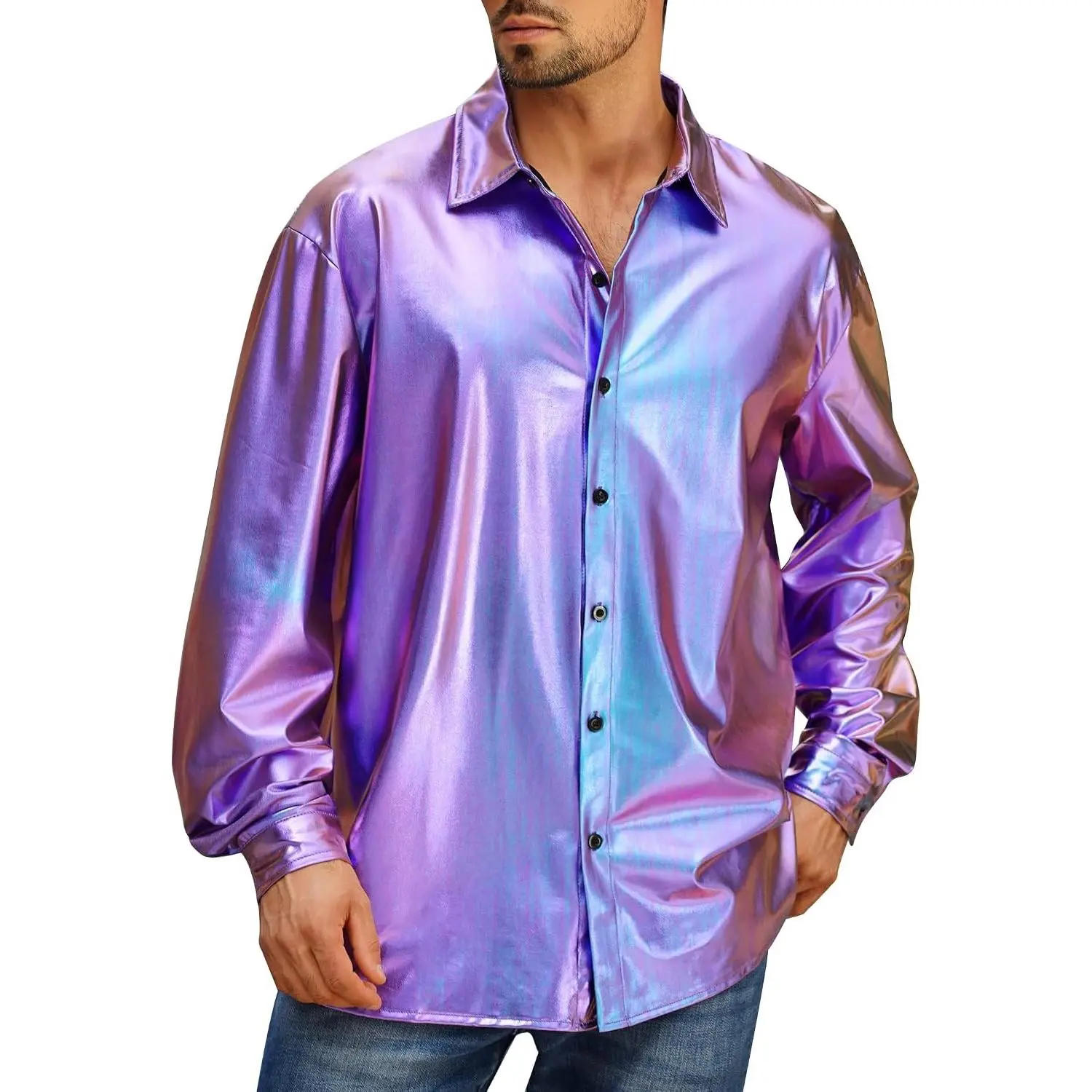 Menswear Polyester Vintage Retro Holographic Metallic Long-Sleeve Button-Down Shirt, Disco Party Costume Shiny Top