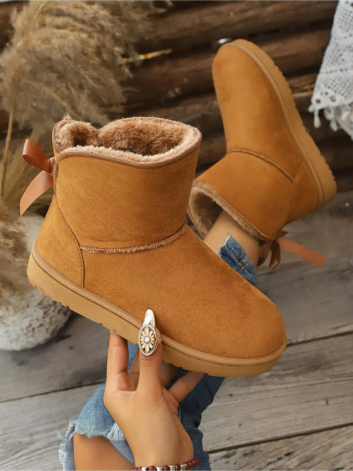 Women's Bow Decor Fleece Lined Ankle Snow Boots, Thick Fur Lined Flat Anti-Slip Warm Winter Outdoor Boots