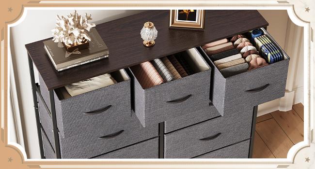 9-Drawer Dresser, Fabric Storage Tower for Bedroom, Hallway, Entryway, Closet, Tall Chest Organizer Unit with Fabric Bins, Steel Frame, Wood Top, Easy Pull Handle, Dark Grey