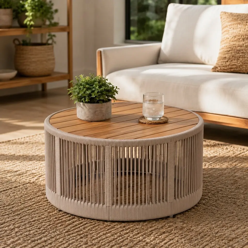 26" Round Rustic Outdoor Coffee Table - Iron Frame, Rattan Rope, Acacia Wood, Beige Rope, Natural Grain, Weather-Water Resistant, Classic Garden Patio Furniture, Easy Assembly, 26" D X 26" W X 14.25" H