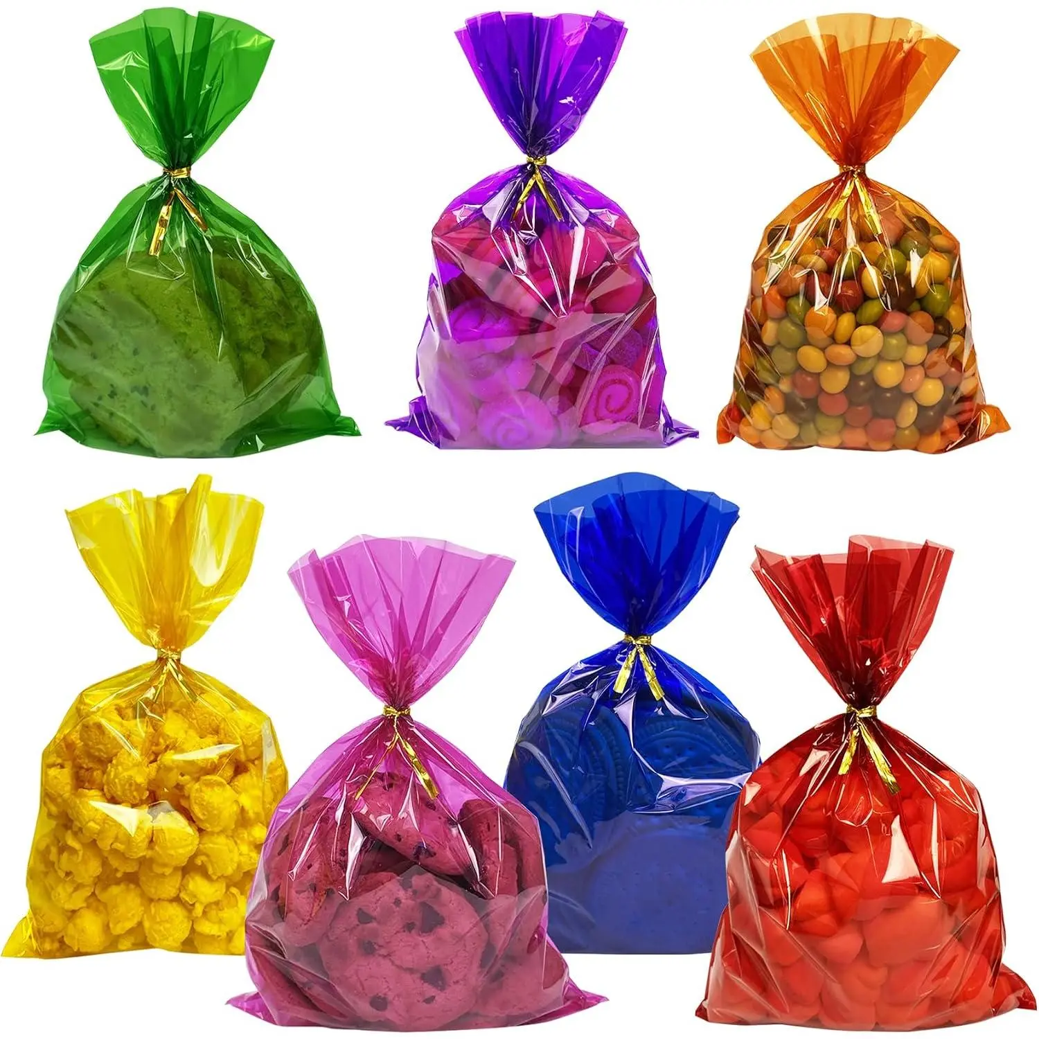 Colored Cellophane  Bags with Twist Ties, 6x9 in, 100 count | 7 Mix Colors with  Twist Ties, Colorful Candy Bags for Holiday Decorations