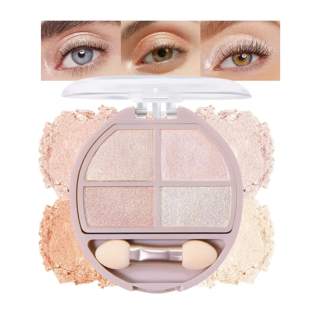 1. Long Wearing Glitter Eyeshadow Quad Palette, Blendable Metallic Neutral Shades, Rich Shimmer Finish, Lightweight Portable Eye Makeup Set, Ideal Gift for Makeup Lovers & Cosmetic Beginners