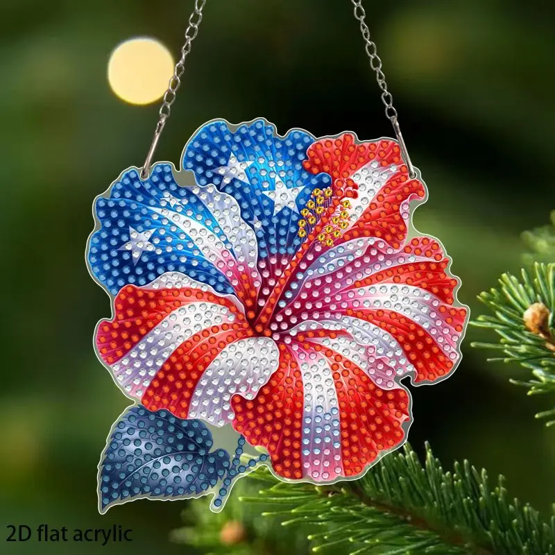 2D Acrylic DIY Diamond Painting Kit with Flower and Us Flag Design, Irregular Shape Sun Catcher for Home Office Garden Decor, Perfect Gift for Family and Friends