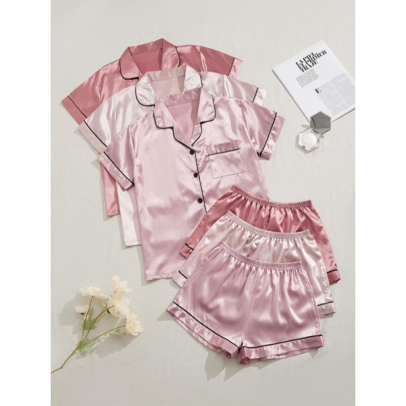 3 sets 3-Piece Satin Pajama Set for Women: Short Sleeve Lapel Top & Elastic Waistband Shorts Loungewear Nightwear Casual Fabric