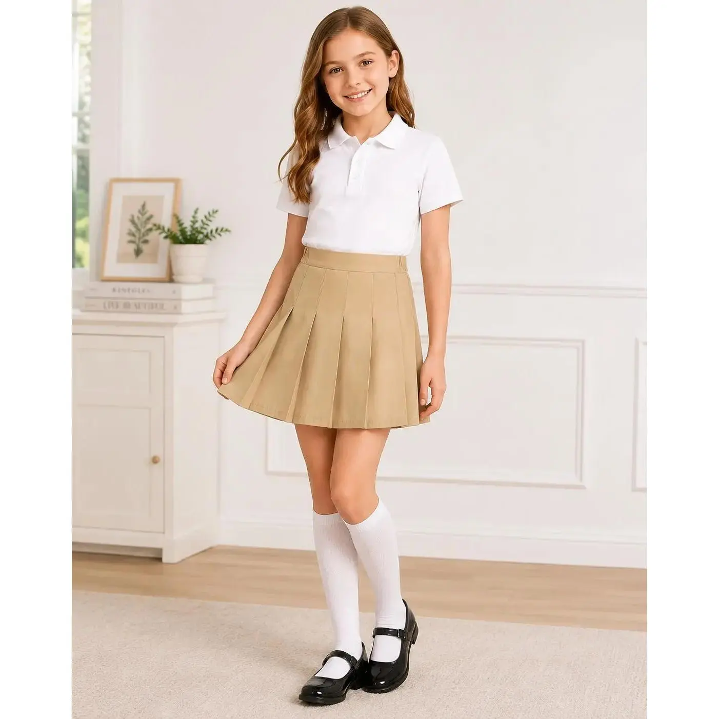 Girls' School Uniform Pleated Skirt - Breathable Poly, CPSIA Label, Flexible Fit, Built-In Shorts, Elastic Waist, Solid/Plaid School Wear for 4-16Y Kids