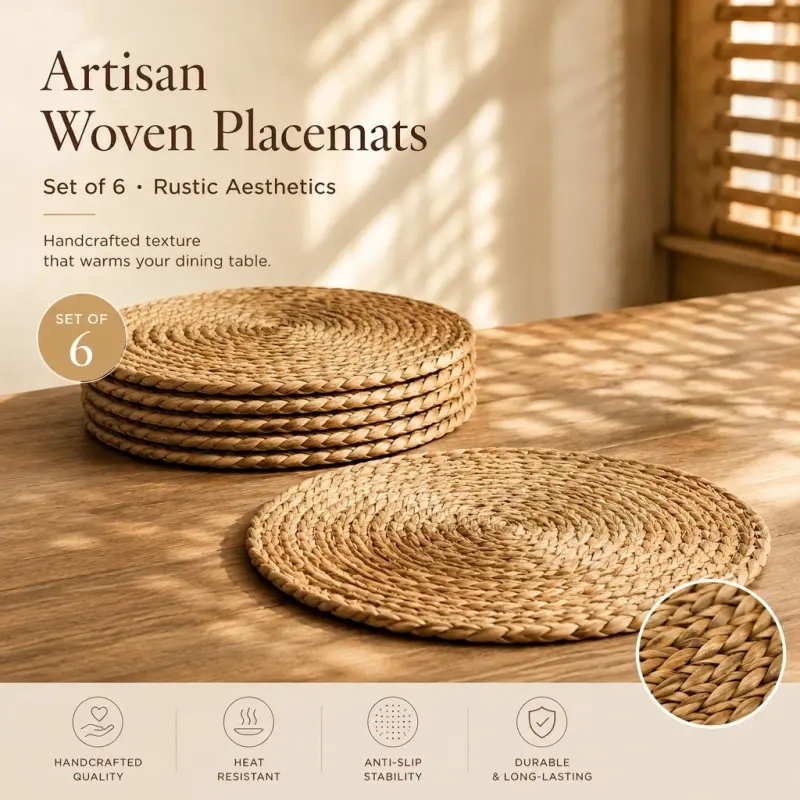 Hand Woven Placemats Set, Vintage Round Design, Perfect for Rustic and Boho Style Dining Tables, 6 or 10 Pieces