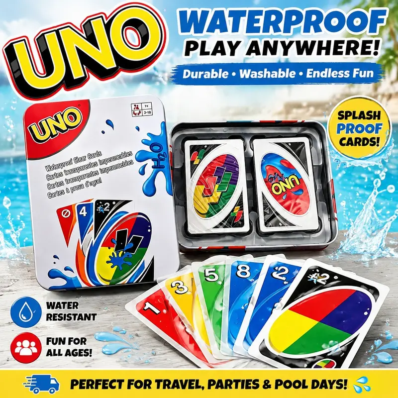 UNO H2O Splash-Proof Card Game, Clear Waterproof PVC UNO-Style Toy Cards for Summer Pool Parties, Leak-Proof Transparent Multiplayer Tabletop Board Game for Kids and Adults, Card Party Game, Card Games for Families