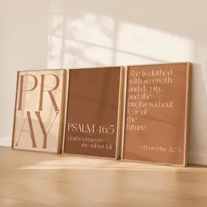3-piece frameless red clay Christian Bible scripture canvas poster, minimalist Pray/Psalm 46:5/Proverbs 31:25 wall print, aesthetic religious room decoration, holiday decoration gift.