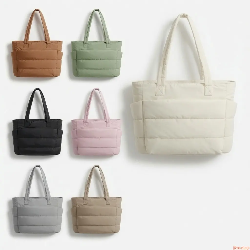 Women's Quilted Puffer Tote Bag - Lightweight Padded Large-Capacity Nylon Handbag, Water-Resistant Multi-Pocket Carry Bag for Daily Work Shopping (Beige, Black, Gray, White, Pink)