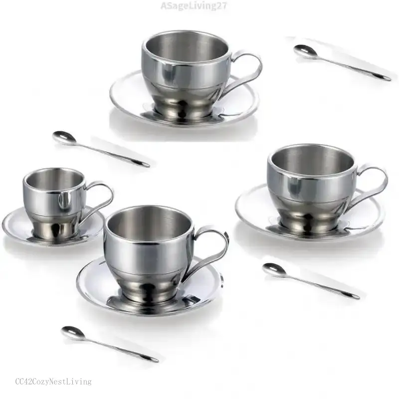 Stainless Steel Coffee Cup Coffee Mugs Espresso Cups and  Cappuccino Cups with Spoon and Saucer  Idea for Coffee and  Lovers (4)ASageLiving27CC42CozyNestLiving