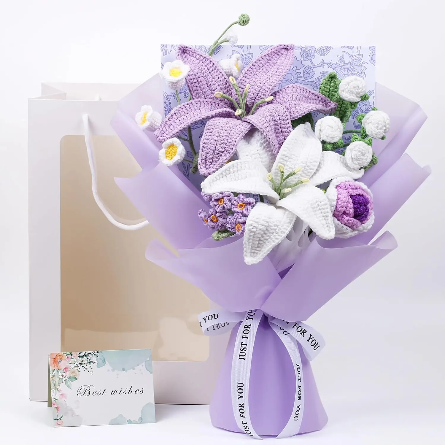 Yarn Decorative Floral Bouquet, Knitted Faux Arrangement for Home Decor - Valentines Day, Weddings Gifts with Included Storage Bag and Greeting Card