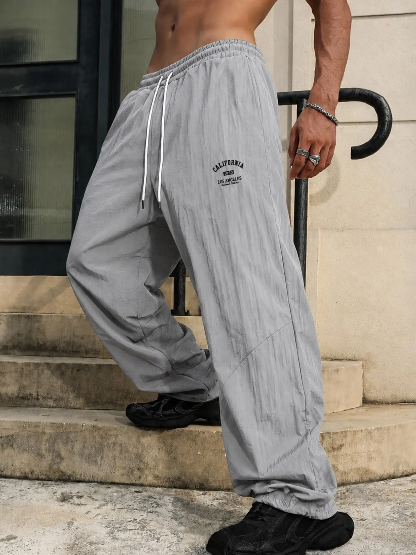 Men's American Vintage Print Wide Leg Long Pants, Drawstring Elastic Waist, Multi-Color Loose Casual Straight Leg Trousers