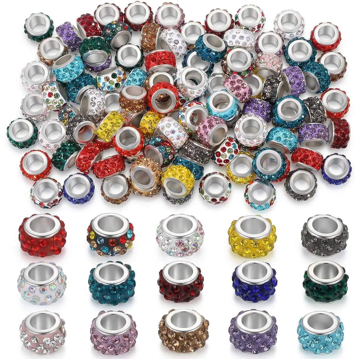 120 count Large Hole Rhinestone European  Charm Spacer Rhinestone Beads Mixcolors Large Charms for Pens  Making DIY Bracelets, Necklaces, Beadable Pens Crafts