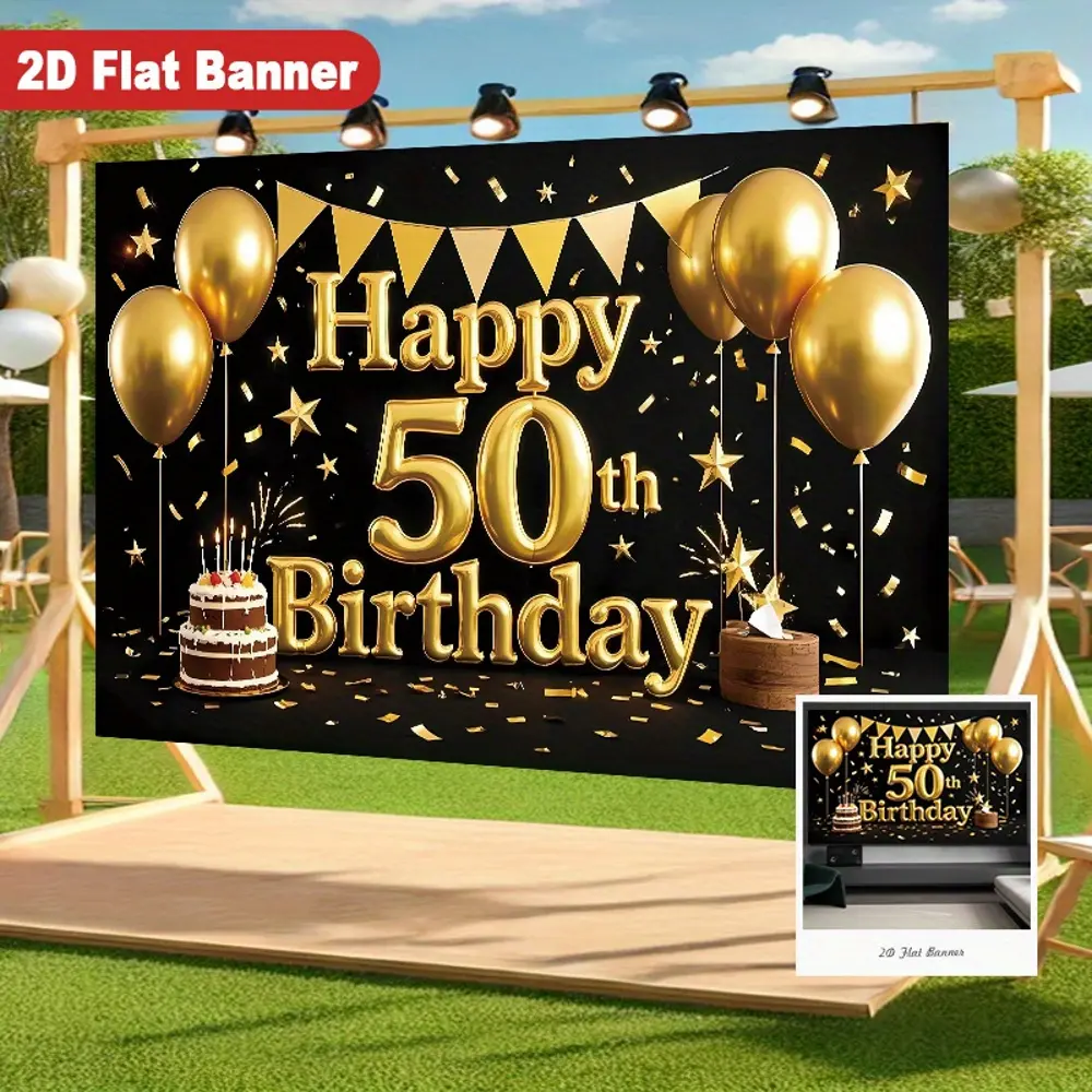 50th Birthday Themed 2D Flat Banner HD Printed Polyester Photography Backdrop, Soft Lightweight Foldable Background Cloth for Birthday Parties, Portrait Photos, Video Studio Shooting, Banners