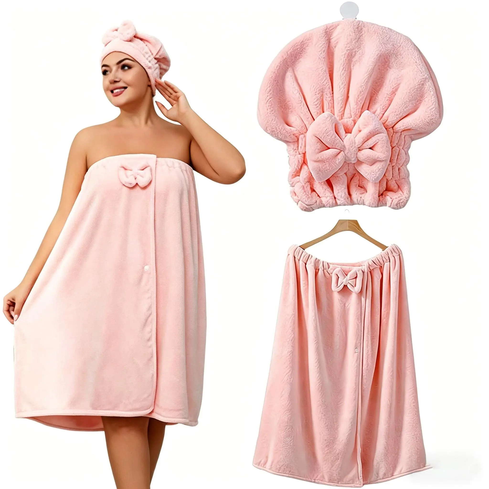 Plus-Size Wearable Bath Towel Set - Bath Skirt & Quick-Dry Cap, Soft Coral Fleece, Multifunctional, Water Absorbent, Skin-Friendly, Secure-Fit for Home Shower Use