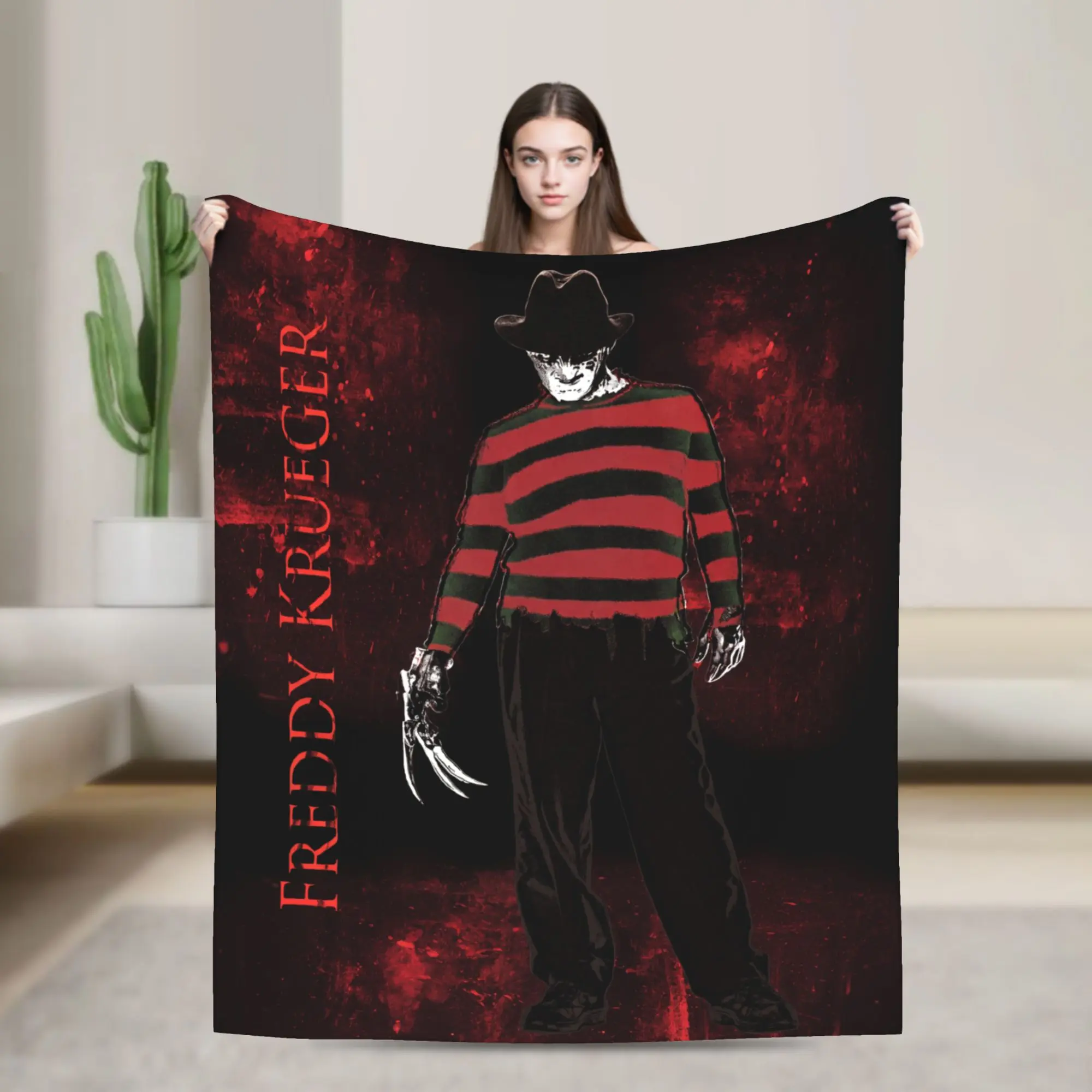 Freddy Krueger A Nightmare on Elm Street Flannel Throw Blanket, Blood Splash Horror Character Blanket, Soft Lightweight Cozy  Blanket for Sofa Bed Dorm, Halloween Decor Gift