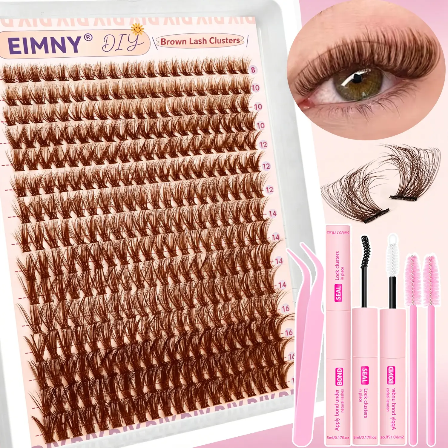 300Pcs Brown Eyelash Clusters, 50D D Curl Fluffy Volume, Volumized Fake Eyelashes, DIY Individual Lashes, Wispy Eyelash Set with Glue, Tweezer and Brush, Natural Faux Mink Lash Extension, Soft Lightweight Reusable False Lashes for Daily Makeup