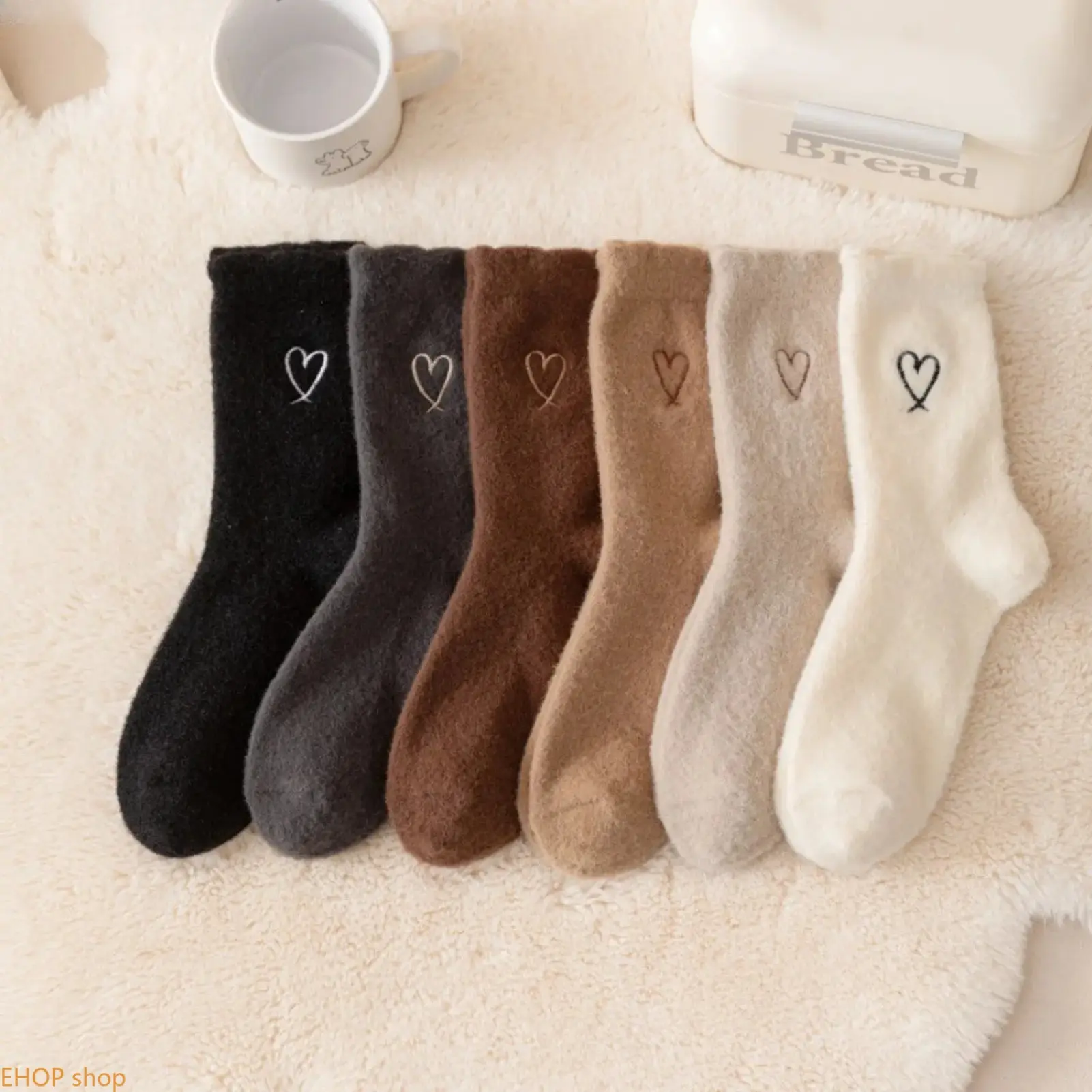 Women's 6-Pair Fuzzy Slip-On Socks, Thick Soft Fluffy Sleep Socks with Heart Motif, Earth-Tone Warm Winter Bed Slipper Hosiery Pack for Cold Weather, Slip-On Sock
