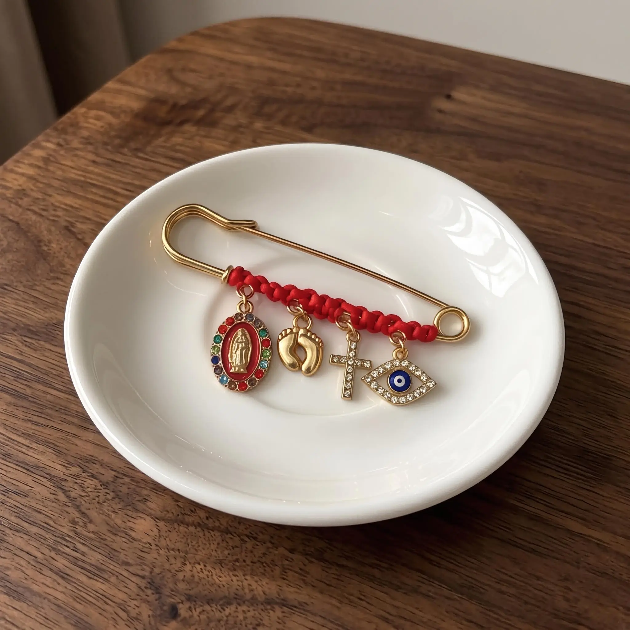 Women's Vintage Gold-Tone Zinc Alloy Brooch Pin - 3.5in Elegant Brooch Pin Clip, 4 Religious Charms & Evil Eye, Boho Chic Outfits Fashion Jewelry for Everyday Wear