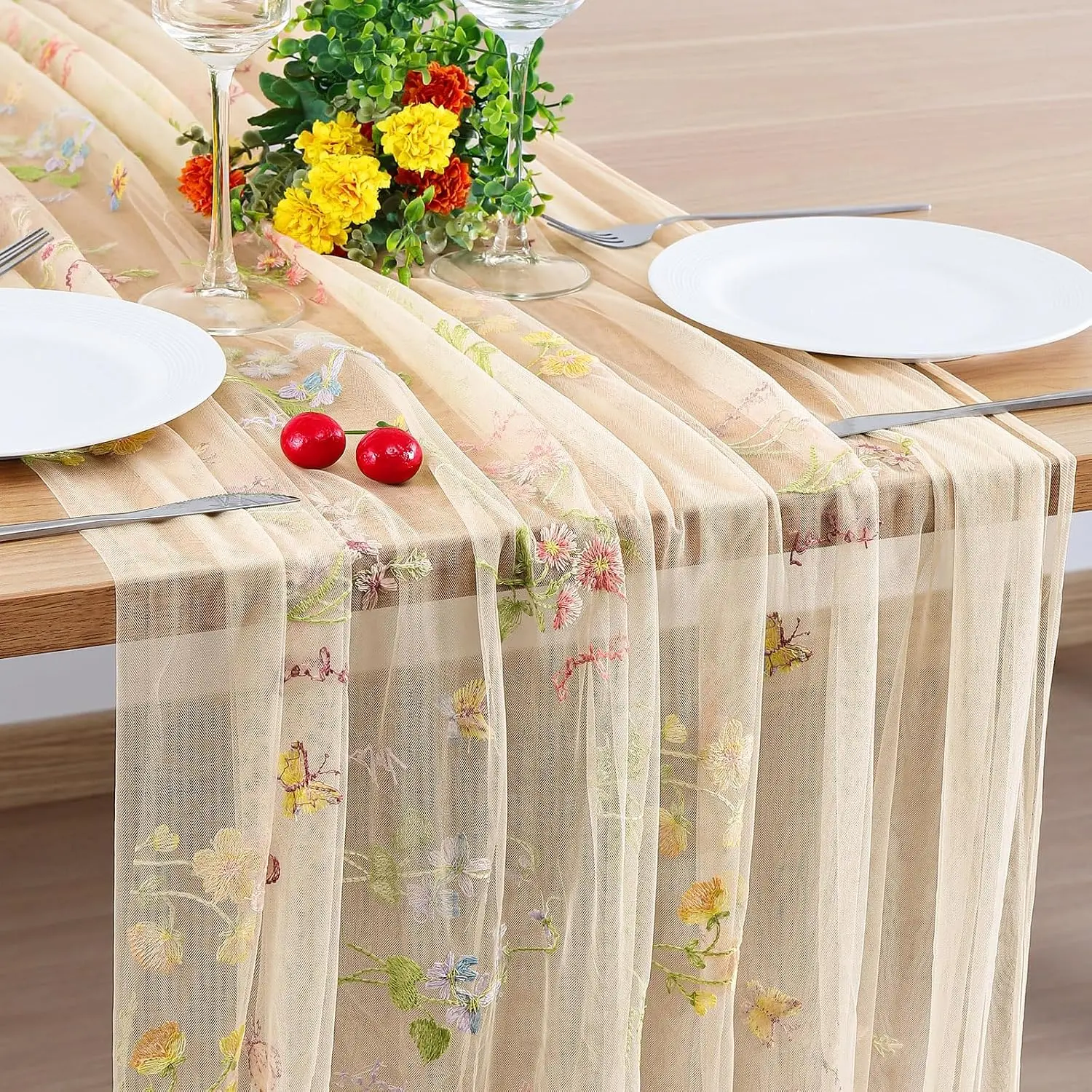 10 FT Floral Table Runner, Embroidered Tulle Spring Summer Wildflower Table Runner Seasonal Table Decor for Wedding Bridal Shower  Shower Parties, Holiday DIY Kitchen  Decor
