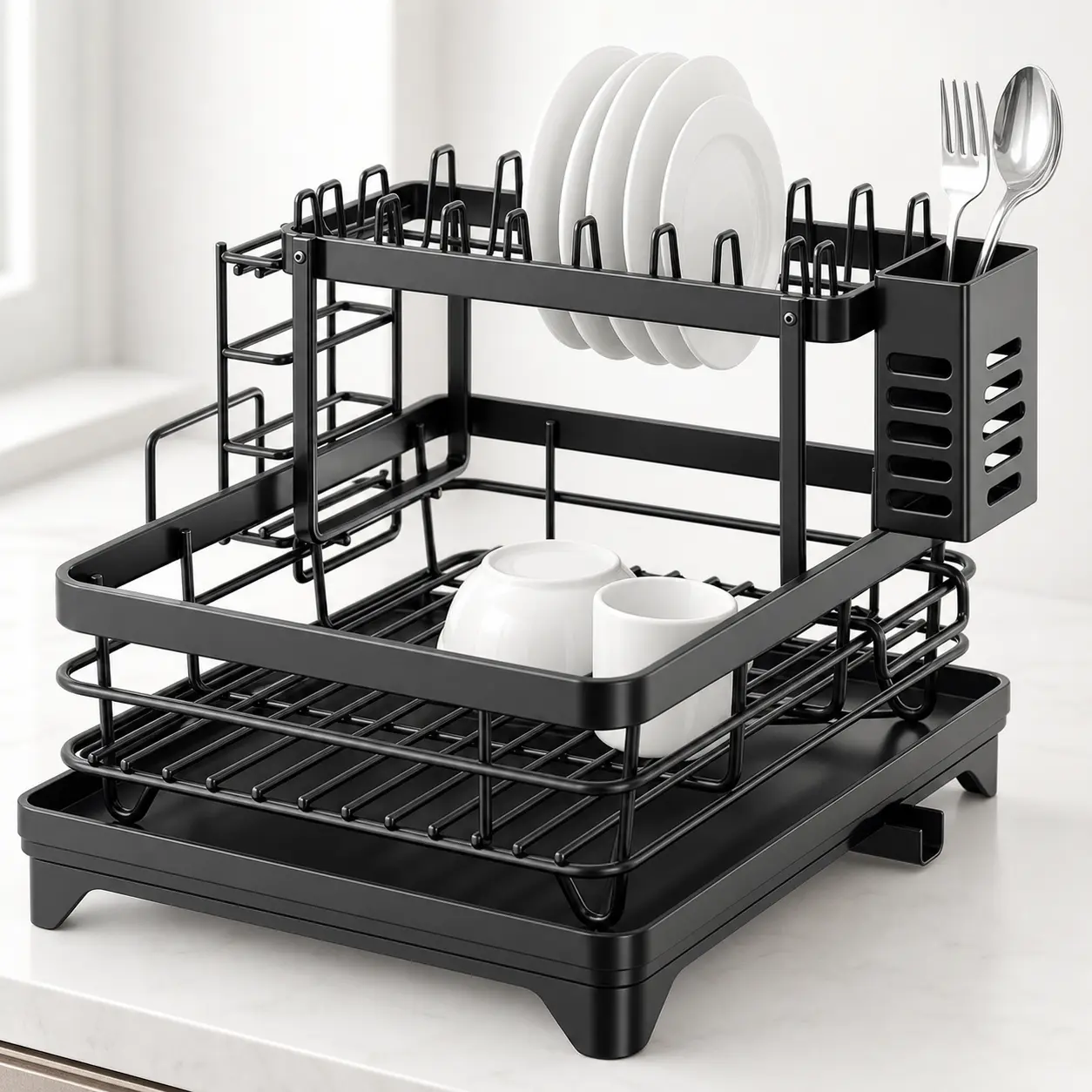 2-Tier Over Sink Dish Drying Rack, Expandable Kitchen Counter Dish Drainer with Utensil Holder