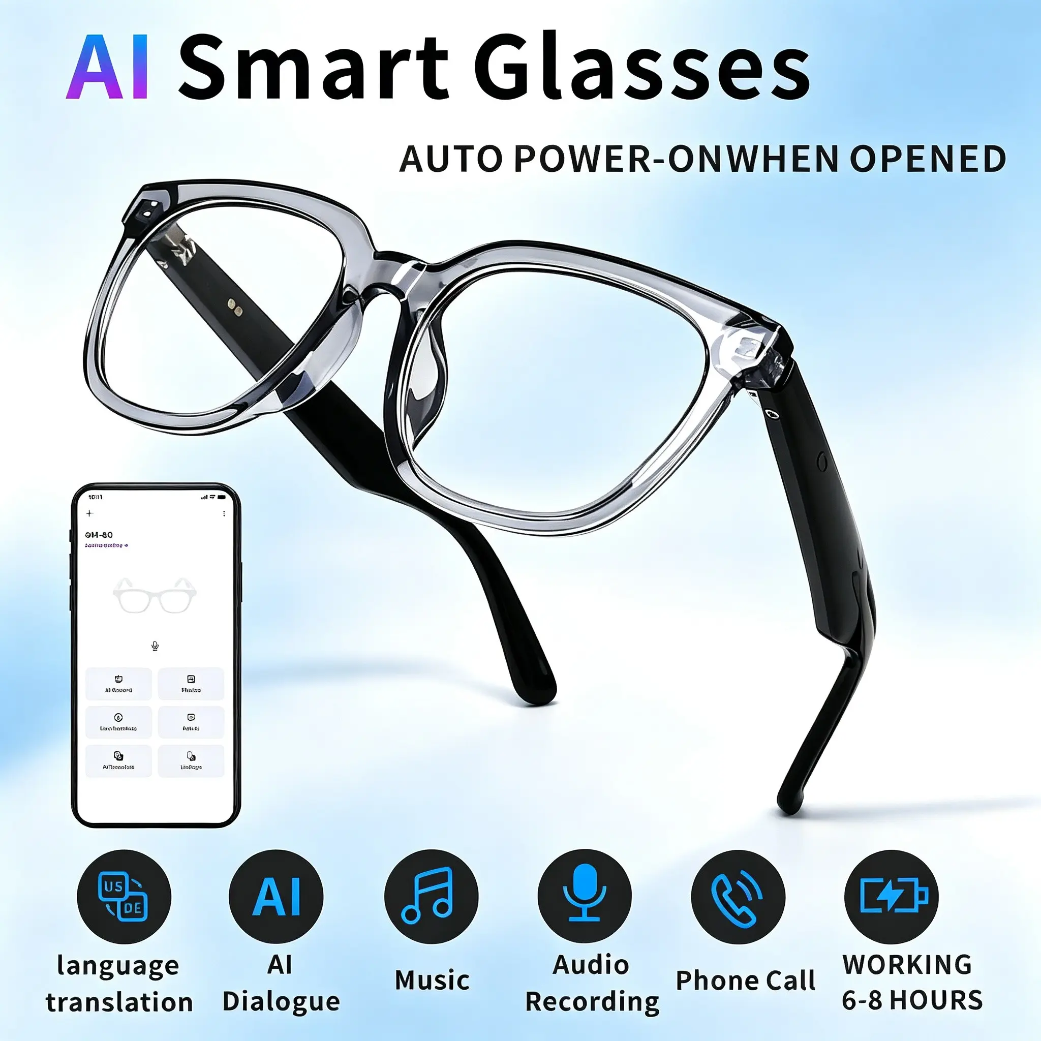 New multifunctional smart audio glasses, microphone and speaker, AI Q&A, voice assistant, language translation, high-definition calling and high fidelity sound quality, music playback, answering calls, automatic power on, suitable for work and business