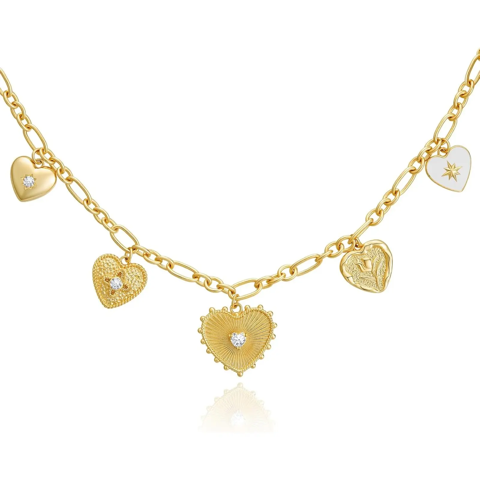 Cicy Bell 18K Gold Plated Chunky Necklace for Women Charm Necklace Diamond Love Heart Sun Charms Valentine's Day Wedding Lucky Pendants Jewelry Gift 19.7"