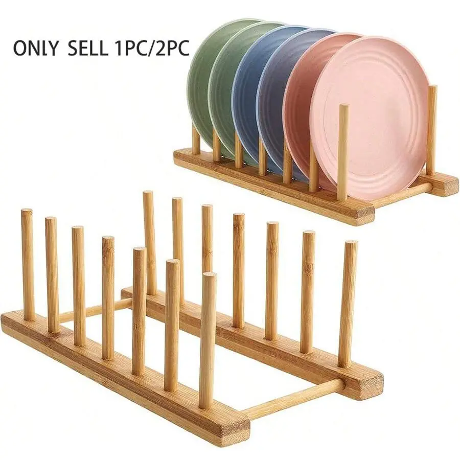 1/2pcs Bamboo Dish Plate Bowl Cup Book Pot Lid Cutting Board Drying Rack Stand Drainer Storage Holder Organizer Cabinet Organizer Racks Kitchen Cabinet