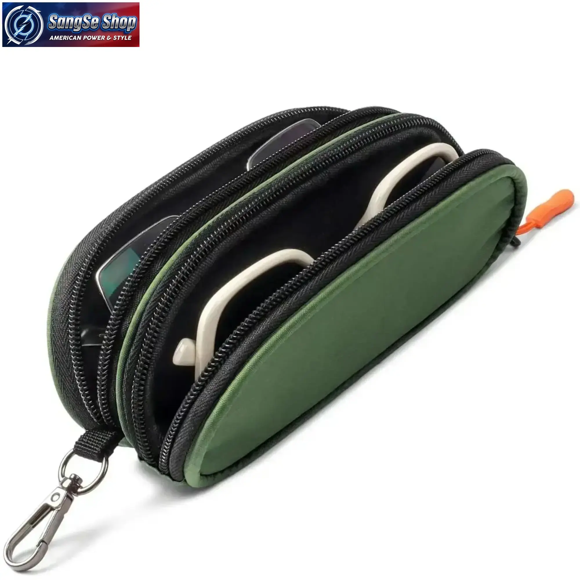 Soft Portable Eyeglasses Holder, Dual Compartment Unisex Sunglasses Case with Zipper and Keychain Clip for Travel and Car Use, Plastic