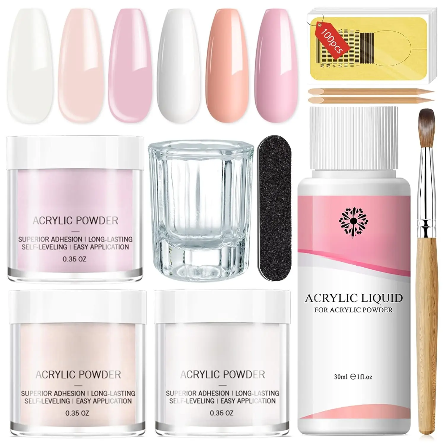Acrylic Nail Starter Kit: Clear Pink Nude Acrylic Powder & Liquid, Brush, Files, Forms, Press On Nails, Home Practice Set