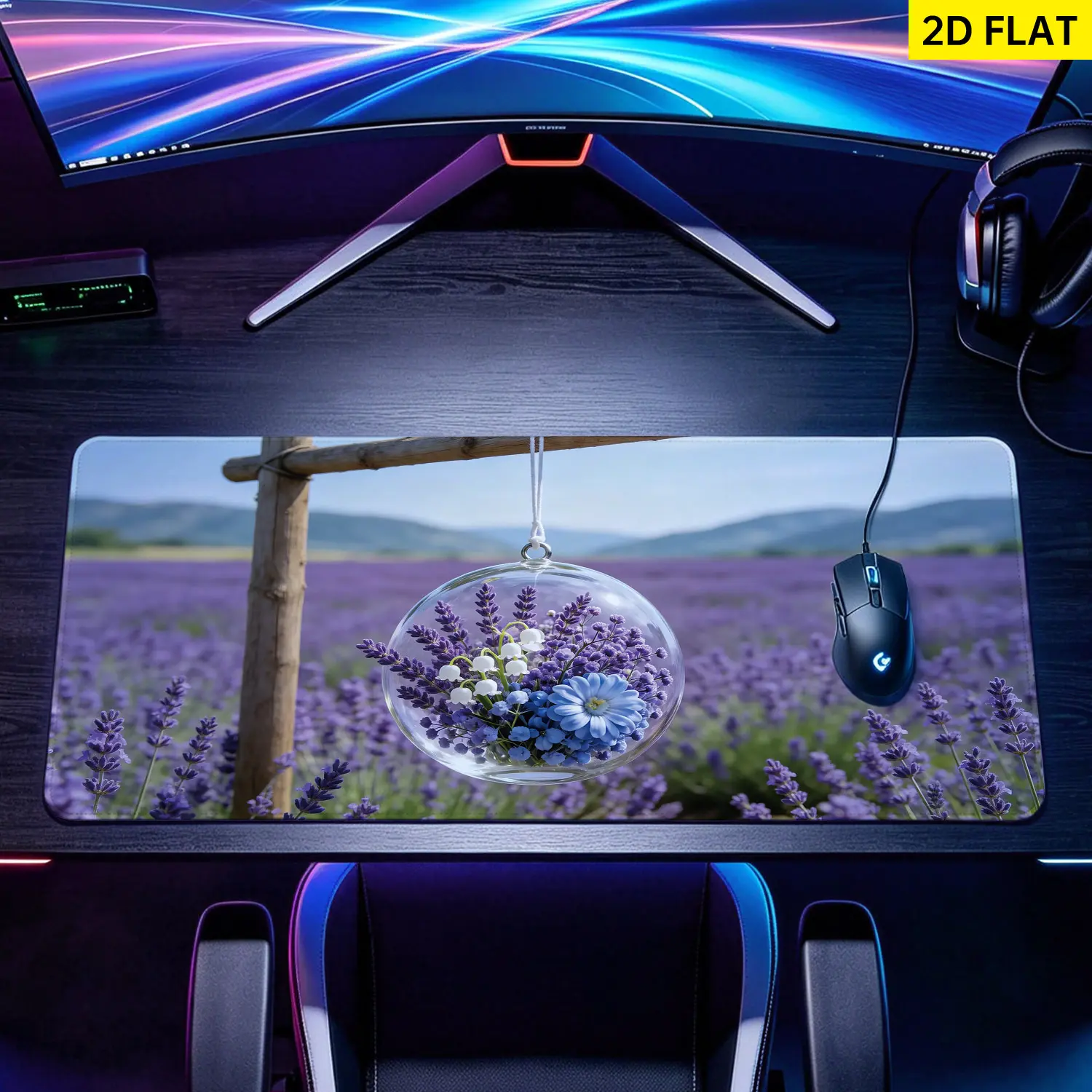 Lavender Field Glass Globe Floral Design Gaming Mouse Pad, Extra Large Non-Slip Rubber Base, Multi-Size Lock Edge Washable Desktop Protector, Premium Multipurpose Pad for Home Office, Gift for Loved Ones