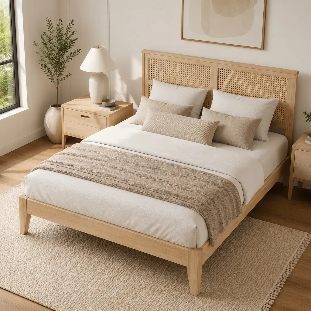 Vintage Decorative Oak White Rubberwood Queen Size Rattan Headboard Storage Bed Frame - 84.70 in.l x 63.80 in.w x 40.80 in.h, 65.50 lbs, Split Rails, Durable Enhanced Support, Underbed Storage, No Box Spring Needed, Assembly Required