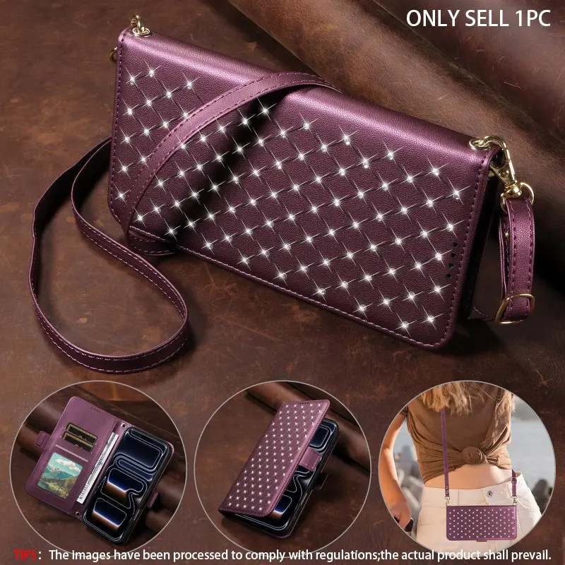 Diamond studded diamond grid pattern crossbody small fragrance style+wrist strap+long shoulder strap Detachable PU leather Cellphone, iPhone 17 Pro Max 17 Air 16 Pro Max 15 Plus wallet protective cover, adjustable crossbody bag card cover, Holder