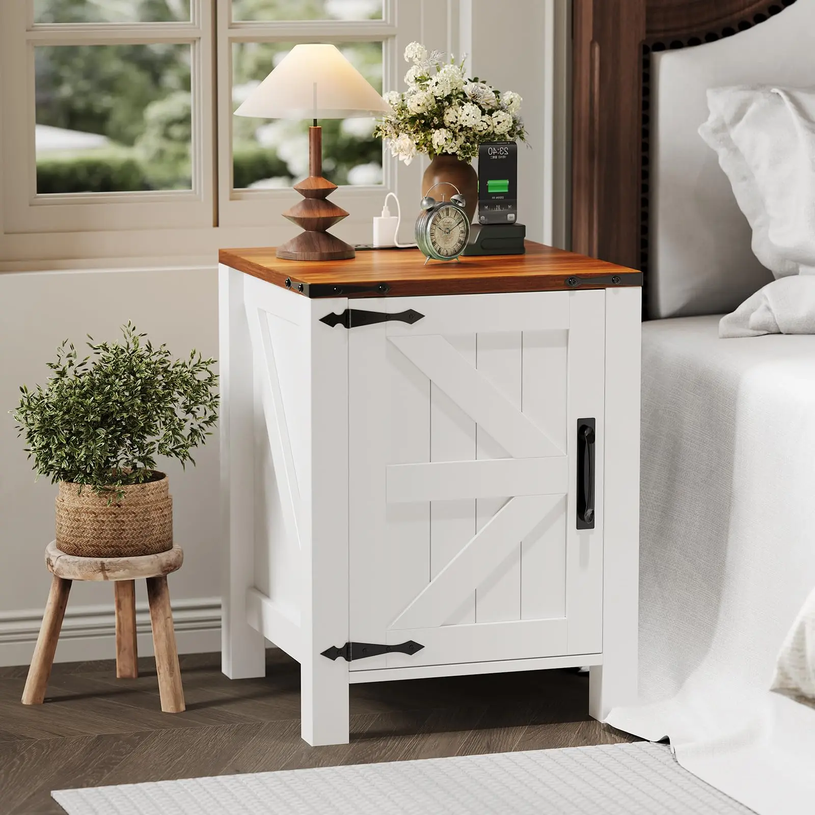 Garvee Rustic Nightstand with Charging Station, Barn Door, and Adjustable Storage Shelf, Small Wooden Nightstand, Modern Two-Tier 18-Inch Nightstand and Table