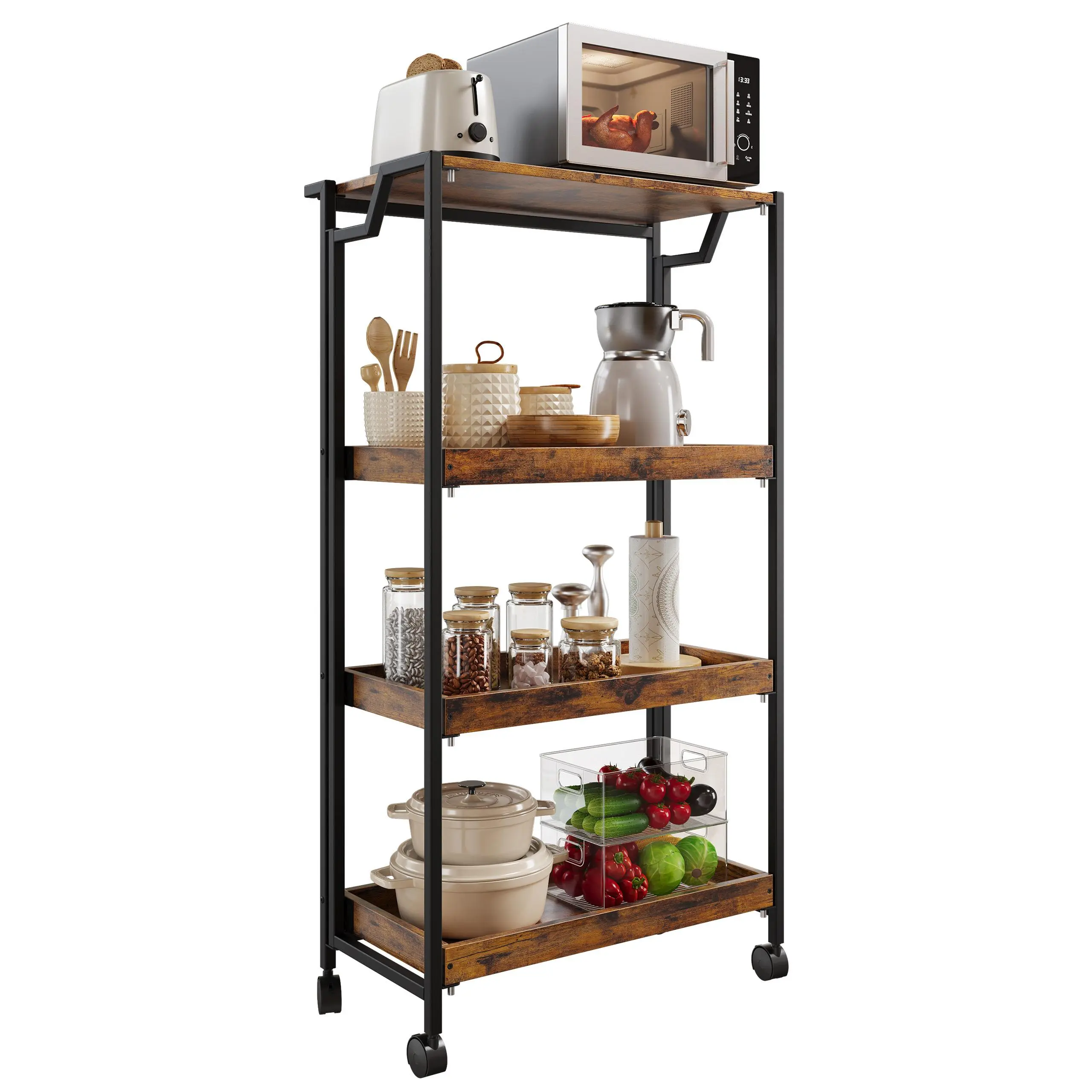 Heavy Duty 4-Tier Wooden Folding Kitchen Storage Shelf – 100 lbs Capacity – Lockable Wheels – Removable Shelves – Space-Saving Utility Rack for Kitchen, Pantry, Garage, Laundry