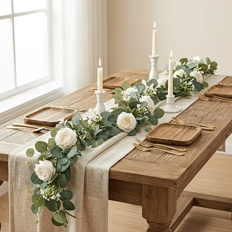 178cm Artificial Eucalyptus Decorative Wreath with Roses, Realistic Floral Greenery Vines, Wedding Arch Background, Table Centerpiece, Home Centerpieces, Party Decor