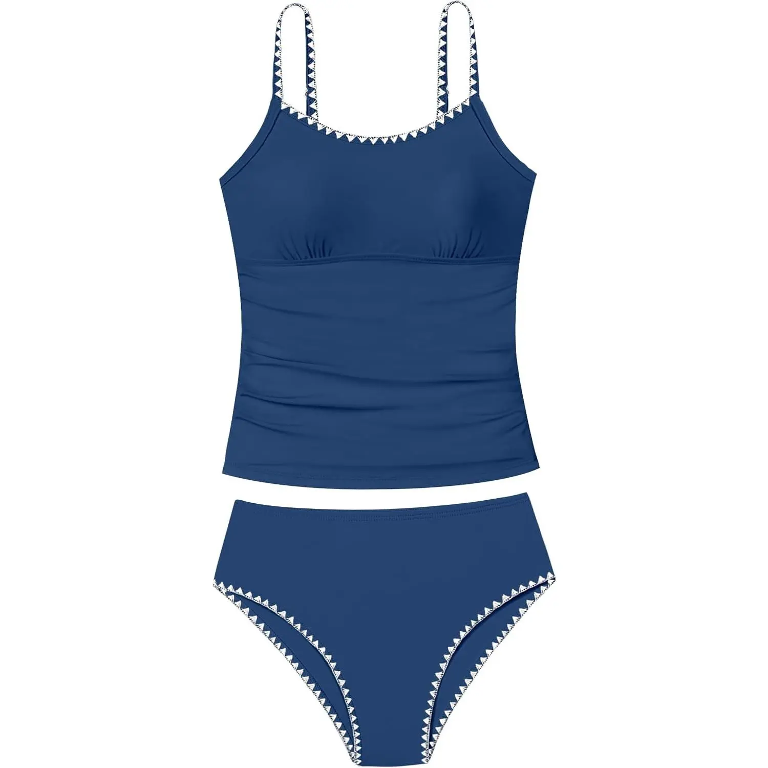 Girls Swimsuit Solid Color Tankini Contrast Trim Swimwear 2 Piece Bathing Suit Padded Swimsuits for Teens 9-16Y, Two-Pieces