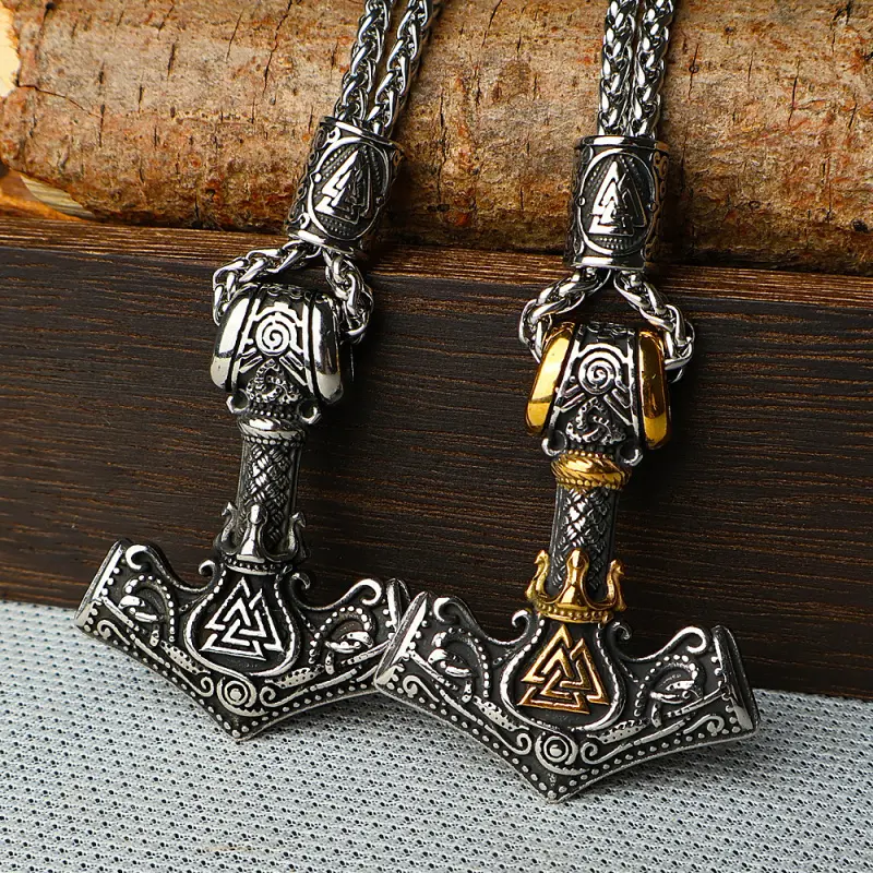 Viking Thor's Hammer Mjölnir Necklace - Hypoallergenic 20g (with chain) 16.4g (pendant only) Titanium Steel Pendant with Valknut Symbol, Norse Mythology Amulet for Men, Gothic Wheat Chain Costume Jewelry for Themed Events, Unisex