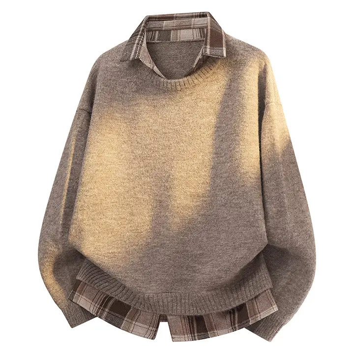 American College Style Faux Two-Piece Polo Collar Knit Sweater, Autumn And Winter Patchwork Sweater Jacket, Suitable For Commuting And Street Layering, Retro Unisex Style Casual Layered Knit Top, Couple'S Style
