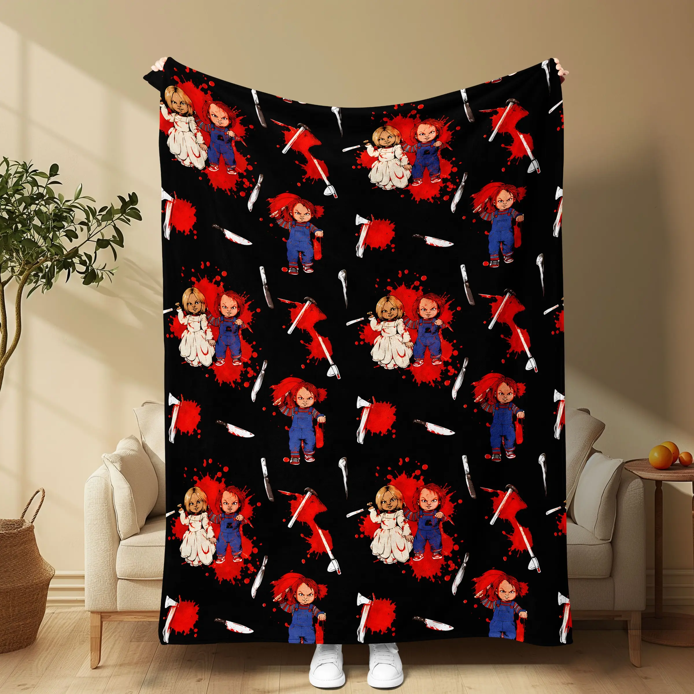 Chucky Halloween Limited Edition Flannel Blanket, Base Blood Splatter Pattern, Soft Flannel, Sofa Bed Office Use, Horror Movie Fan Gift