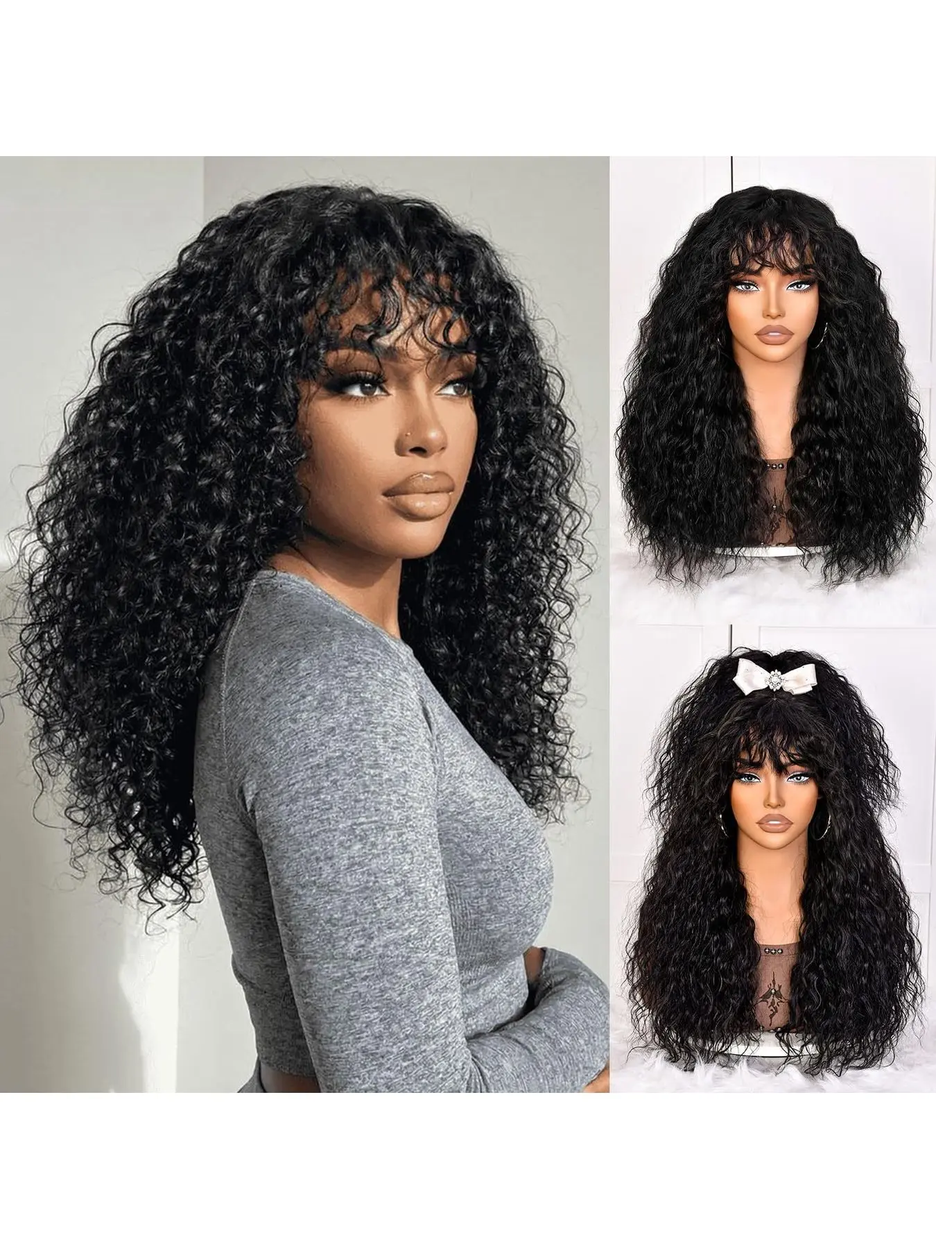 Woolly Curly Lace Front Wig for Women Long Wavy Water Wave Hair Full Lace Cap Wig with Bangs Egg Curl Lightweight Breathable Comfortable Everyday Casual Stylish Streetwear Look Curly Wigs