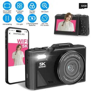 5K 75MP Digital Camera for Vlogging Photography, Anti-Shake WiFi Video Camera with 180° Flip IPS Screen, 18X Digital Zoom, Fill Light, Webcam Mode, 9 Shooting Modes, Includes 2 Batteries & 32G Memory Card