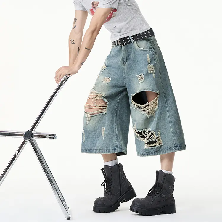 Men's Knee Length Denim Culottes, Multi Large Rip Frayed Hole Detailing Button Zip Fly Belt Loops Standard Wide Cut Seven Inch Length Bottoms For Street Punk Daily Commute Outdoor Leisure Activities shorts #SummerWins summer jean men