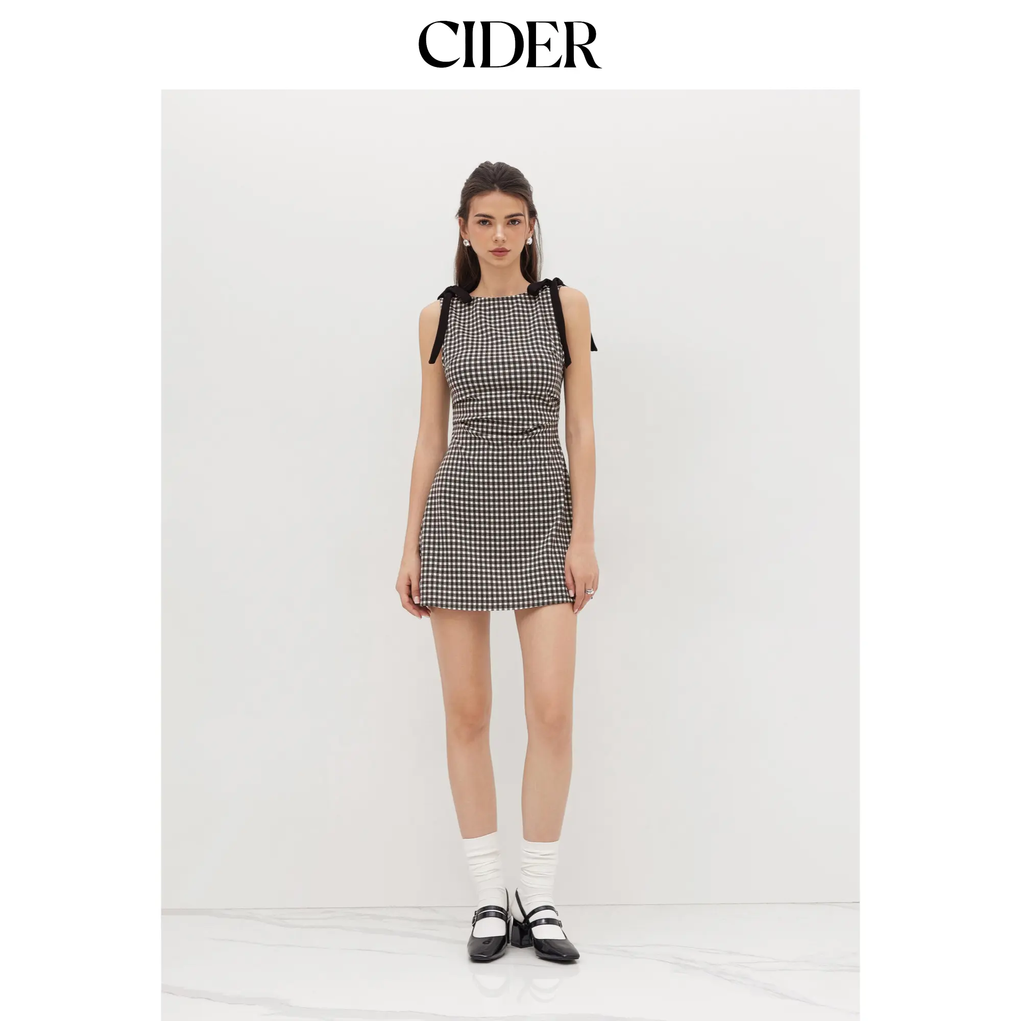 Cider Round Neckline Gingham Bowknot Ruched Mini Dress SohoChic