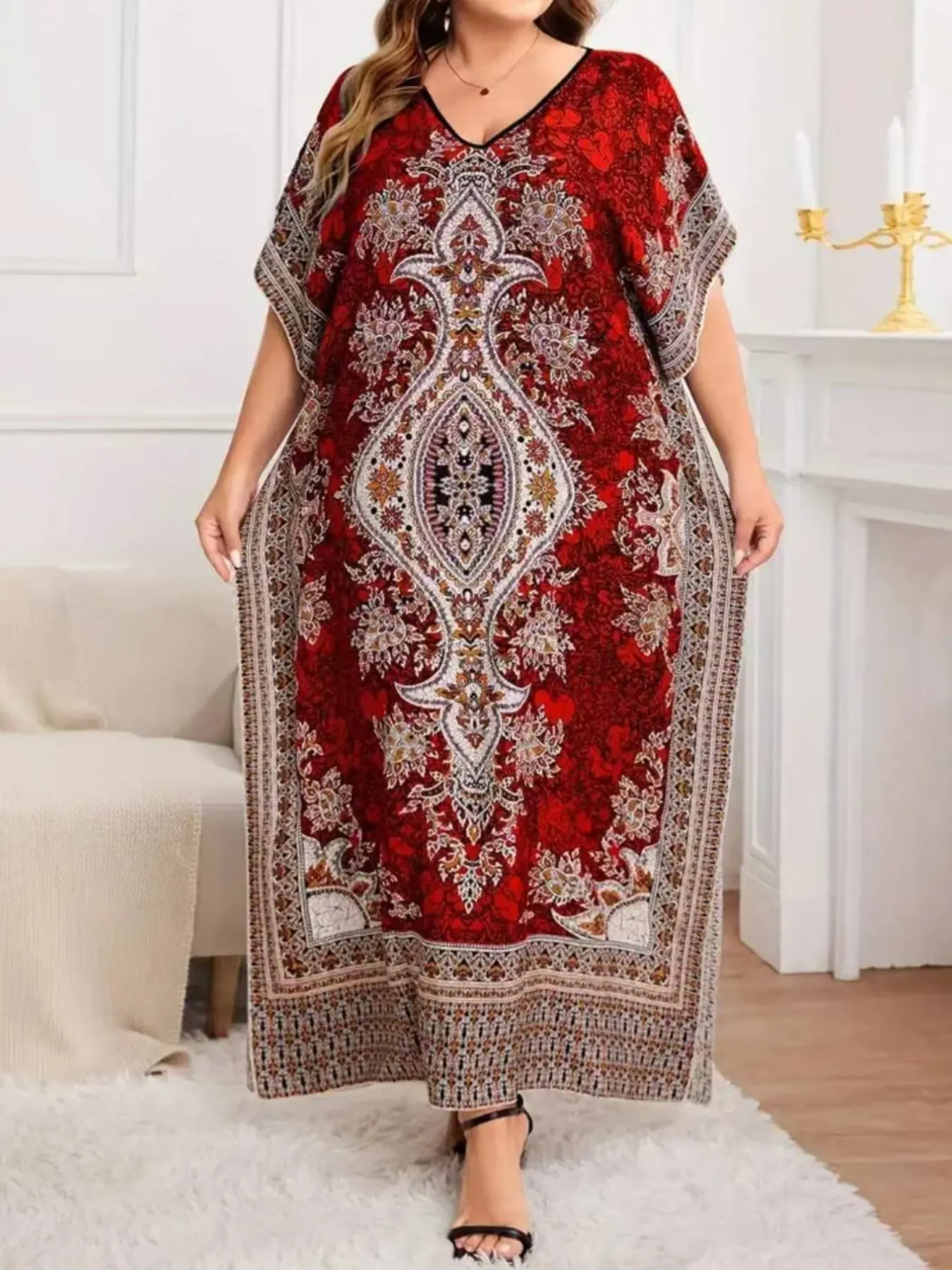 Plus Size Boho Dress for Women, Loose Fit V Neck Print Long Dress, Elegant Muslim Abaya, Summer Beach Vacation